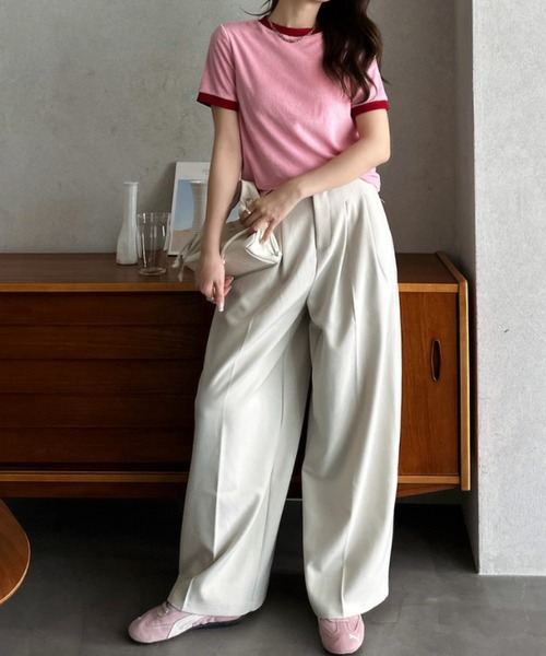Eclat one(エクラワン)の「【Eclat one】パイル 素材 配色 デザイン プルオーバー(Tシャツ/カットソー・レディース・ピンク/ライトグレー/ネイビー/ブルー・FREE)」の9枚目の写真