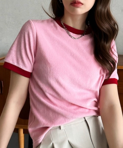 Eclat one(エクラワン)の「【Eclat one】パイル 素材 配色 デザイン プルオーバー(Tシャツ/カットソー・レディース・ピンク/ライトグレー/ネイビー/ブルー・FREE)」の15枚目の写真