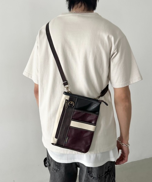 real design(リアルデザイン)の「シボ感PUレザー 切替シザーバッグ/ミニショルダーバッグ/サコッシュ/スマホショルダー/ユニセックス(ショルダーバッグ・メンズ・キャメル/ワイン/グレー・FREE)」の3枚目の写真