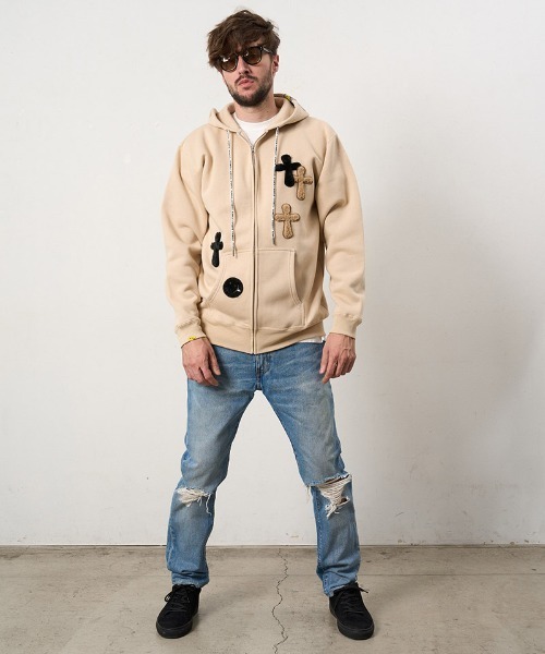 STUD MUFFIN(スタッドマフィン)の「mpa4114- T-C裏毛起毛 ファー-ムックボアミックスパッチワークジップパーカー(624-02916)(パーカー・メンズ・チャコールグレー/ブラック/ベージュ・4/3/2)」の15枚目の写真
