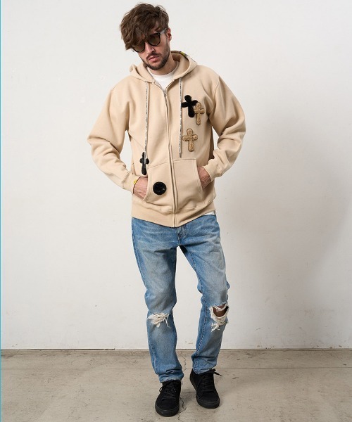 STUD MUFFIN(スタッドマフィン)の「mpa4114- T-C裏毛起毛 ファー-ムックボアミックスパッチワークジップパーカー(624-02916)(パーカー・メンズ・チャコールグレー/ブラック/ベージュ・4/3/2)」の16枚目の写真