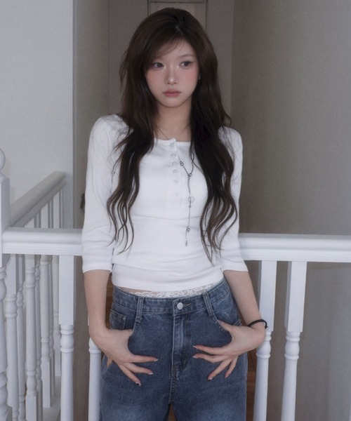 modimood（モディムード）の「[MADE] MOMU BASIC ヘンリーネック7分袖Tシャツ（Tシャツ/カットソー・レディース・ネイビー/ブラック/アイボリー/グレー・FREE/1/2）」の8枚目の写真