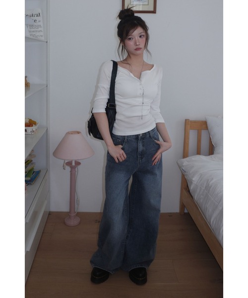 modimood（モディムード）の「[MADE] MOMU BASIC ヘンリーネック7分袖Tシャツ（Tシャツ/カットソー・レディース・ネイビー/ブラック/アイボリー/グレー・FREE/1/2）」の14枚目の写真
