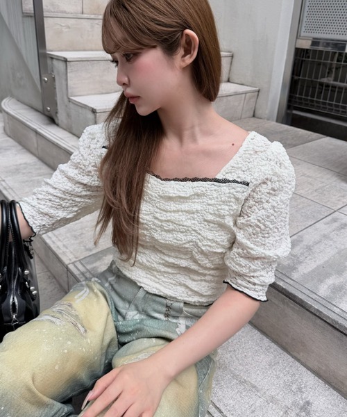 RAY CASSIN(レイカズン)の「【無地 / レース】シャーリングパワショルTシャツ(Tシャツ/カットソー・レディース・グレー/ホワイト系その他2/ブラック系その他2/ブラック/アイボリー・FREE)」の9枚目の写真