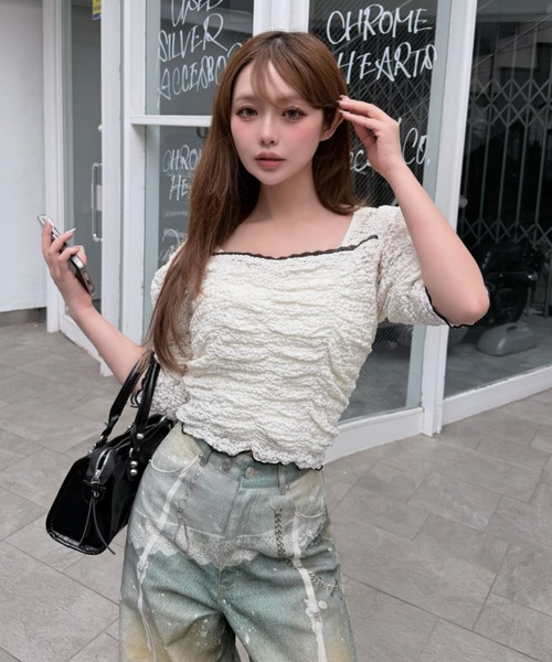 RAY CASSIN(レイカズン)の「【無地 / レース】シャーリングパワショルTシャツ(Tシャツ/カットソー・レディース・グレー/ホワイト系その他2/ブラック系その他2/ブラック/アイボリー・FREE)」の6枚目の写真
