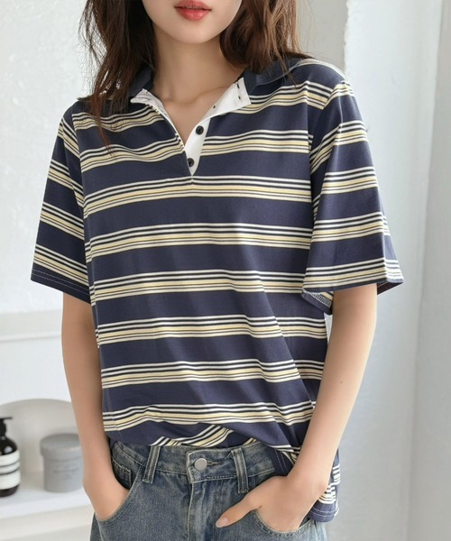 Jewelobe(ジュエローブ)の「マルチボーダーポロシャツ(Tシャツ/カットソー・レディース・ブルー/ネイビー/ブラウン・FREE)」の3枚目の写真