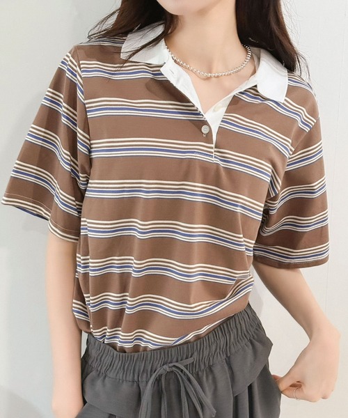 Jewelobe(ジュエローブ)の「マルチボーダーポロシャツ(Tシャツ/カットソー・レディース・ブルー/ネイビー/ブラウン・FREE)」の2枚目の写真