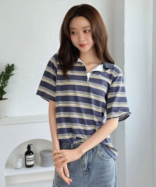 Jewelobe(ジュエローブ)の「マルチボーダーポロシャツ(Tシャツ/カットソー・レディース・ブルー/ネイビー/ブラウン・FREE)」の4枚目の写真