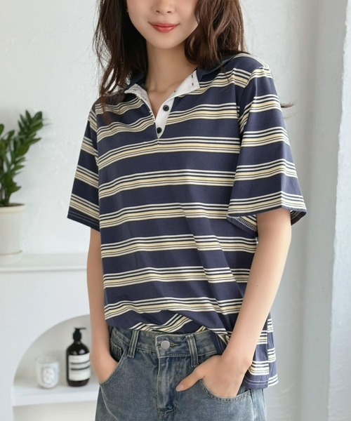 Jewelobe(ジュエローブ)の「マルチボーダーポロシャツ(Tシャツ/カットソー・レディース・ブルー/ネイビー/ブラウン・FREE)」の8枚目の写真