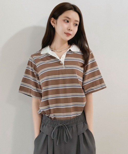 Jewelobe(ジュエローブ)の「マルチボーダーポロシャツ(Tシャツ/カットソー・レディース・ブルー/ネイビー/ブラウン・FREE)」の13枚目の写真