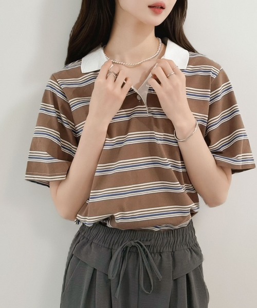Jewelobe(ジュエローブ)の「マルチボーダーポロシャツ(Tシャツ/カットソー・レディース・ブルー/ネイビー/ブラウン・FREE)」の14枚目の写真