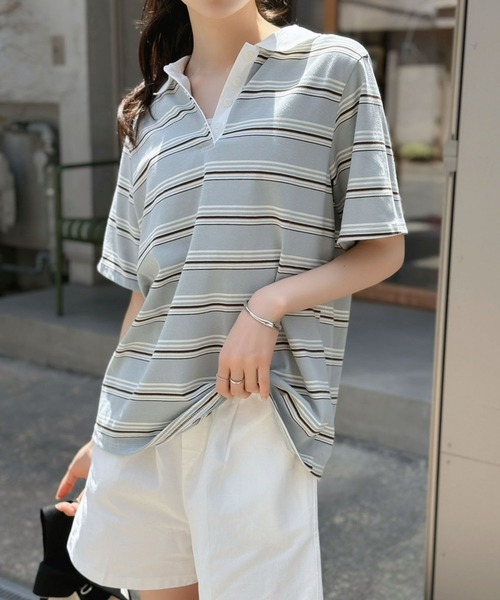 Jewelobe(ジュエローブ)の「マルチボーダーポロシャツ(Tシャツ/カットソー・レディース・ブルー/ネイビー/ブラウン・FREE)」の19枚目の写真