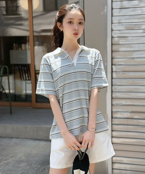 Jewelobe(ジュエローブ)の「マルチボーダーポロシャツ(Tシャツ/カットソー・レディース・ブルー/ネイビー/ブラウン・FREE)」の22枚目の写真