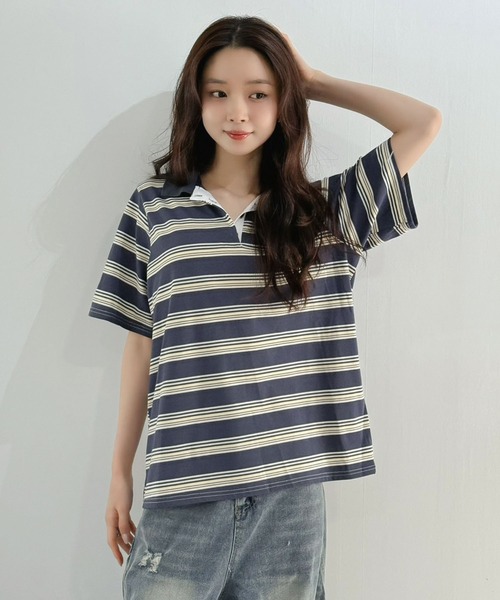Jewelobe(ジュエローブ)の「マルチボーダーポロシャツ(Tシャツ/カットソー・レディース・ブルー/ネイビー/ブラウン・FREE)」の9枚目の写真
