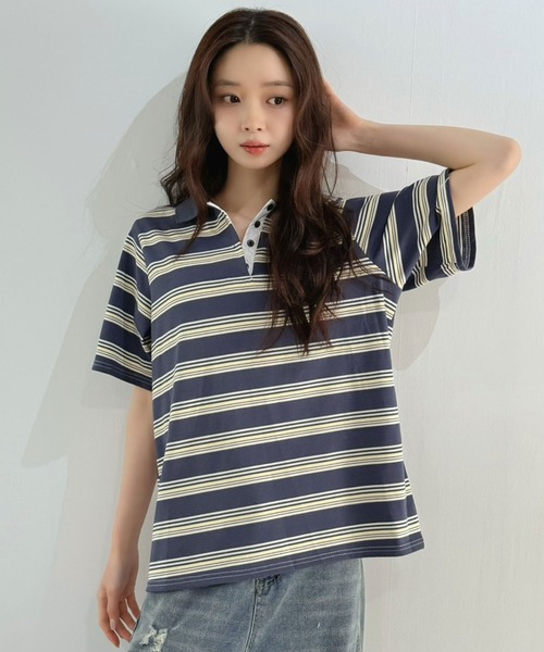 Jewelobe(ジュエローブ)の「マルチボーダーポロシャツ(Tシャツ/カットソー・レディース・ブルー/ネイビー/ブラウン・FREE)」の5枚目の写真
