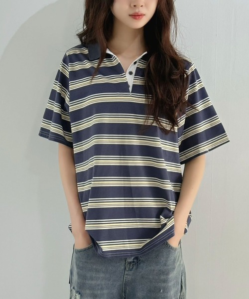 Jewelobe(ジュエローブ)の「マルチボーダーポロシャツ(Tシャツ/カットソー・レディース・ブルー/ネイビー/ブラウン・FREE)」の6枚目の写真