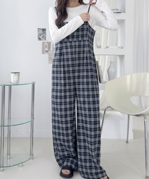 サロペット オールインワン ワイドパンツ チェック柄 キャミサロペット スクエアネック 体型カバー リラックス カジュアル 夏