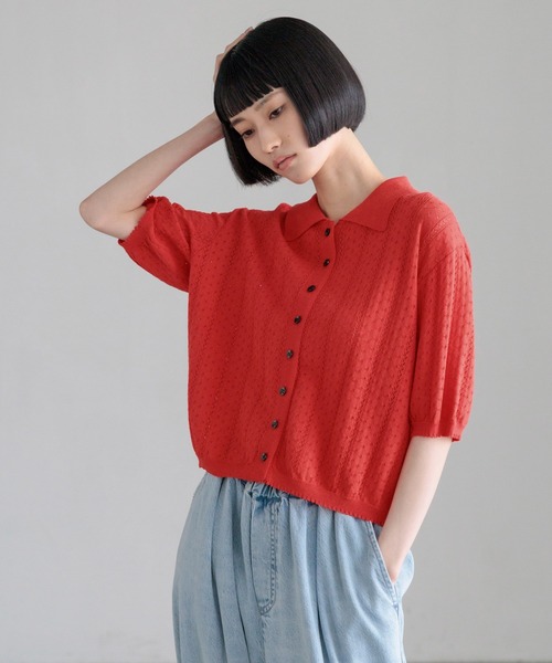 LOWRYS FARM(ローリーズファーム)の「パターンメッシュポロカーディガン 1043039(カーディガン/ボレロ・レディース・ホワイト/レッド/イエロー/ブラック・FREE)」の1枚目の写真