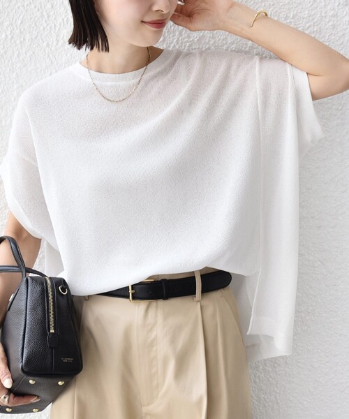 SHIPS(シップス)の「【WEB限定】シアー ワッフル スリット TEE(Tシャツ/カットソー・レディース・グリーン/ブラック/オフホワイト・ONE SIZE)」の2枚目の写真