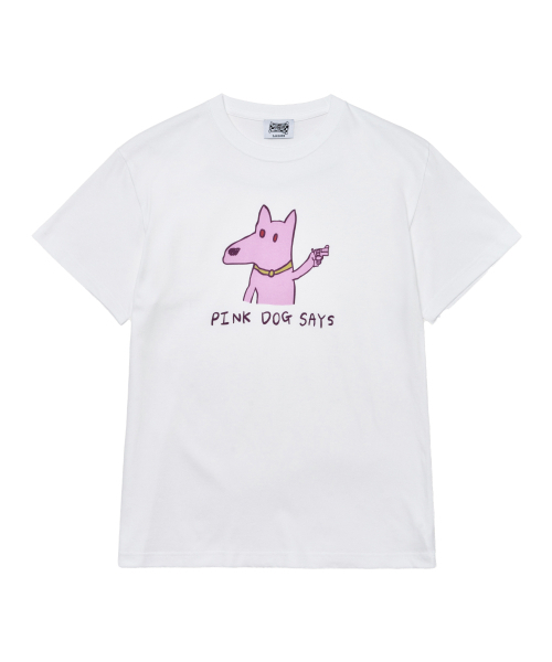 THE SCOT WRECK(ザ スコットレック)の「PINK DOG SAYS(Tシャツ/カットソー・メンズ・ホワイト・LARGE/X-LARGE/SMALL/MEDIUM)」の1枚目の写真