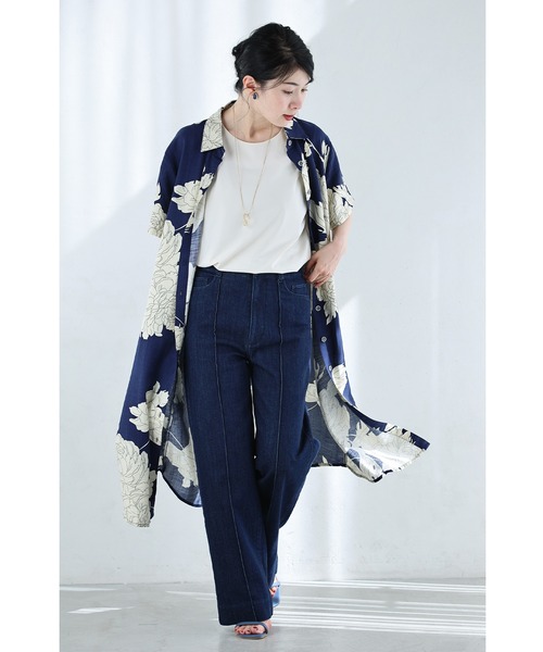 cawaii(カワイイ)の「さらりと涼しい牡丹の花シャツミディアムワンピース(ワンピース・レディース・ブラック/ブルー・FREE)」の6枚目の写真