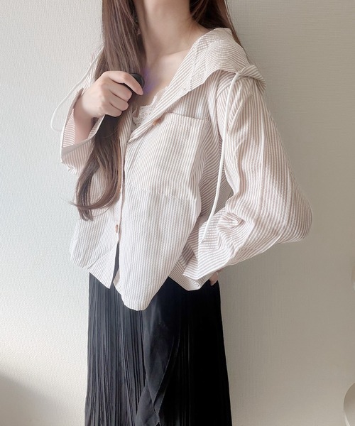 Nana（ナナ）の「フード付きストライプシャツ（シャツ/ブラウス・レディース・ブルー/ダークベージュ・FREE）」の18枚目の写真