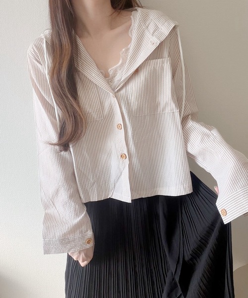 Nana（ナナ）の「フード付きストライプシャツ（シャツ/ブラウス・レディース・ブルー/ダークベージュ・FREE）」の19枚目の写真