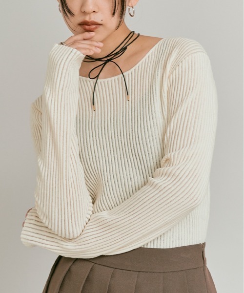 W:Huku(フーク)の「シアー リブ コットン ニット / Lightweight Sheer Ribbed Cotton Knit Top(ニット/セーター・レディース・ブルー/オフホワイト/イエロー/ワイン・FREE)」の2枚目の写真