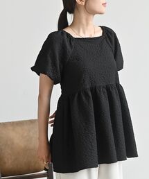 ふくれジャガードバルーン袖ペプラムブラウス