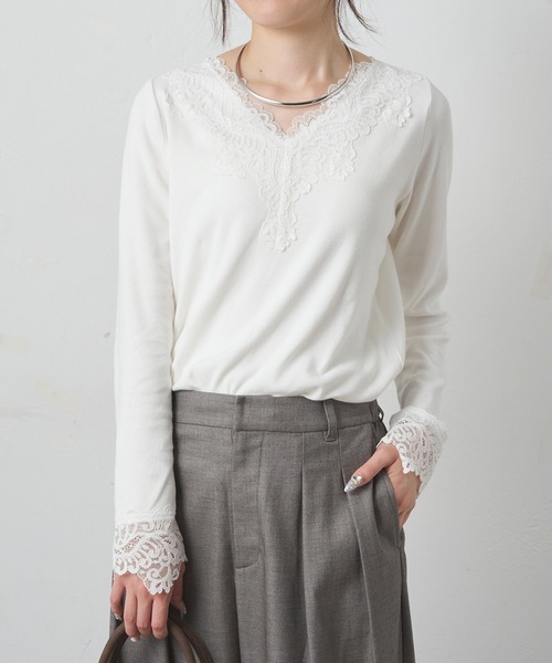 PUAL CE CIN（ピュアルセシン）の「襟袖レースリブロングスリーブカットソー（Tシャツ/カットソー・レディース・オフホワイト/ブラック・FREE）」の3枚目の写真