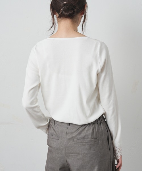 PUAL CE CIN（ピュアルセシン）の「襟袖レースリブロングスリーブカットソー（Tシャツ/カットソー・レディース・オフホワイト/ブラック・FREE）」の5枚目の写真