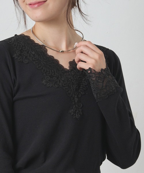 PUAL CE CIN（ピュアルセシン）の「襟袖レースリブロングスリーブカットソー（Tシャツ/カットソー・レディース・オフホワイト/ブラック・FREE）」の21枚目の写真