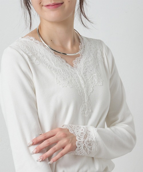 PUAL CE CIN（ピュアルセシン）の「襟袖レースリブロングスリーブカットソー（Tシャツ/カットソー・レディース・オフホワイト/ブラック・FREE）」の6枚目の写真