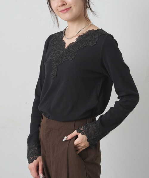 PUAL CE CIN（ピュアルセシン）の「襟袖レースリブロングスリーブカットソー（Tシャツ/カットソー・レディース・オフホワイト/ブラック・FREE）」の18枚目の写真