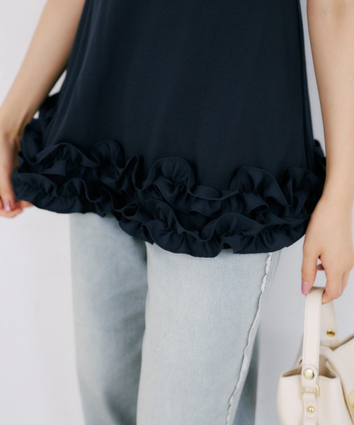 tocco closet（トッコ　クローゼット）の「ＵＶカット＆接触冷感カットソーフリルペプラムチュニック（Tシャツ/カットソー・レディース・ホワイト/ブラック/ネイビー・M）」の10枚目の写真