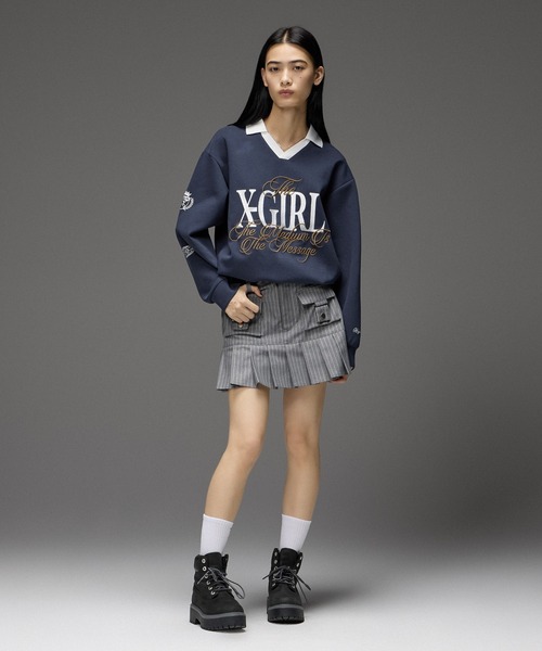 X-girl（エックスガール）の「MIXED FONT LOGO GAME SHIRT（スウェット・レディース・アッシュ/ネイビー/ブラック・S/M）」の4枚目の写真