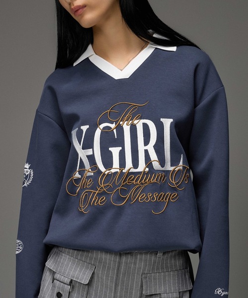 X-girl（エックスガール）の「MIXED FONT LOGO GAME SHIRT（スウェット・レディース・アッシュ/ネイビー/ブラック・S/M）」の7枚目の写真