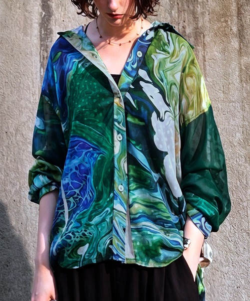 antiqua(アンティカ)の「アート柄 シアー ブラウス(シャツ/ブラウス・レディース・グリーン系その他・ONESIZE)」の1枚目の写真