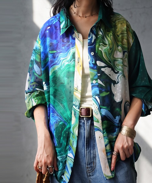 antiqua(アンティカ)の「アート柄 シアー ブラウス(シャツ/ブラウス・レディース・グリーン系その他・ONESIZE)」の8枚目の写真