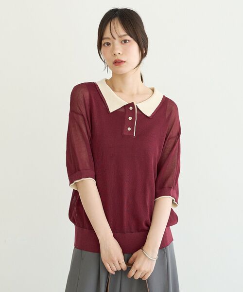earth music&ecology(アースミュージックアンドエコロジー)の「バイカラーシアーポロニット(ニット/セーター・レディース・アイボリー/ボルドー/ブラック・FREE)」の19枚目の写真