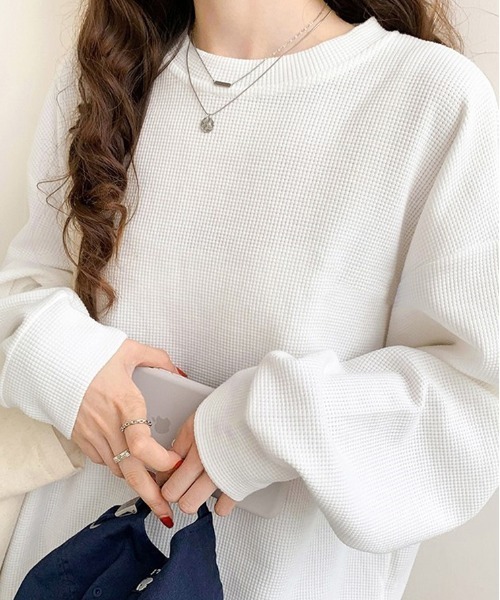 BACKYARD FAMILY(バックヤードファミリー)の「ワッフルカットソー トップス(Tシャツ/カットソー・レディース・グレー/オフホワイト/ブラック・XL/L)」の5枚目の写真