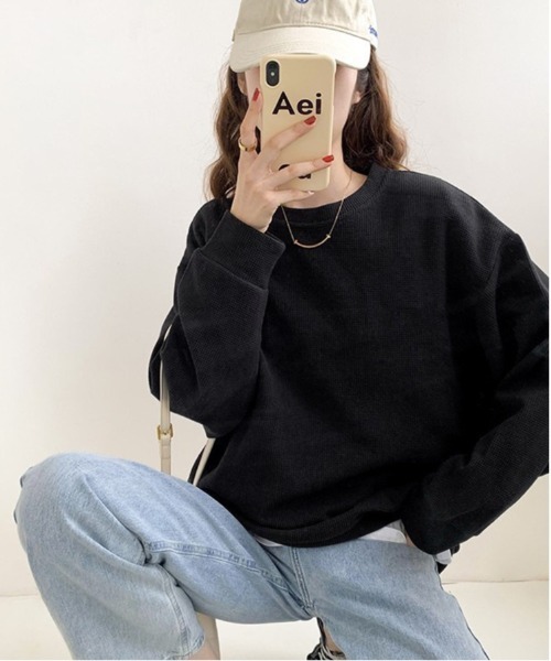 BACKYARD FAMILY(バックヤードファミリー)の「ワッフルカットソー トップス(Tシャツ/カットソー・レディース・グレー/オフホワイト/ブラック・XL/L)」の11枚目の写真