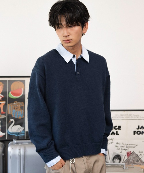 WEGO(ウィゴー)の「WEGO/【26年秋冬新作】シャツレイヤードニットプルオーバー(ニット/セーター・メンズ・ネイビー/ブラウン/杢グレー/ブラック・MEDIUM/LARGE)」の15枚目の写真