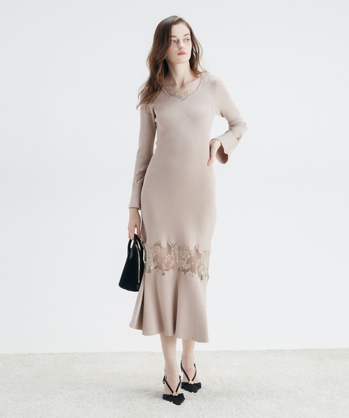 EIMY ISTOIRE(エイミーイストワール)の「LACE TRIM KNIT DRESS(ワンピース・レディース・ピンクベージュ/ブラック・FREE)」の4枚目の写真