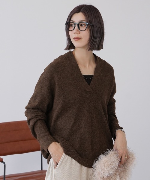 reca(レカ)の「深Vネックミックスニット(ニット/セーター・レディース・トップグレー/ブラウン/チャコールグレー/ベージュ・FREE)」の3枚目の写真