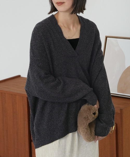 reca(レカ)の「深Vネックミックスニット(ニット/セーター・レディース・トップグレー/ブラウン/チャコールグレー/ベージュ・FREE)」の1枚目の写真