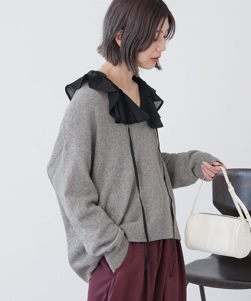 reca(レカ)の「深Vネックミックスニット(ニット/セーター・レディース・トップグレー/ブラウン/チャコールグレー/ベージュ・FREE)」の2枚目の写真