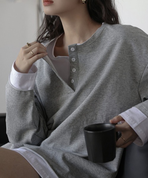 Candy Pot(キャンディポット)の「オーバーサイズ ヘンリーネックプルオーバー(Tシャツ/カットソー・レディース・ブラック/グレー・FREE)」の5枚目の写真