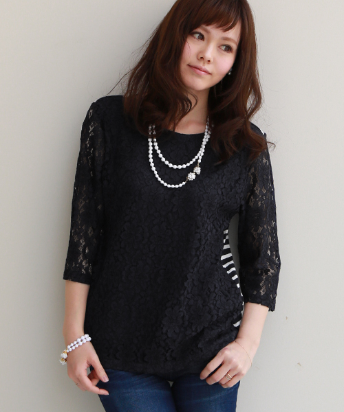 REAL CUBE(リアルキューブ)の「REAL CUBE 前後リバーシブルレーシーボーダーカットソー(Tシャツ/カットソー・レディース・オフホワイト/ブラック/ネイビー・38/40)」の2枚目の写真