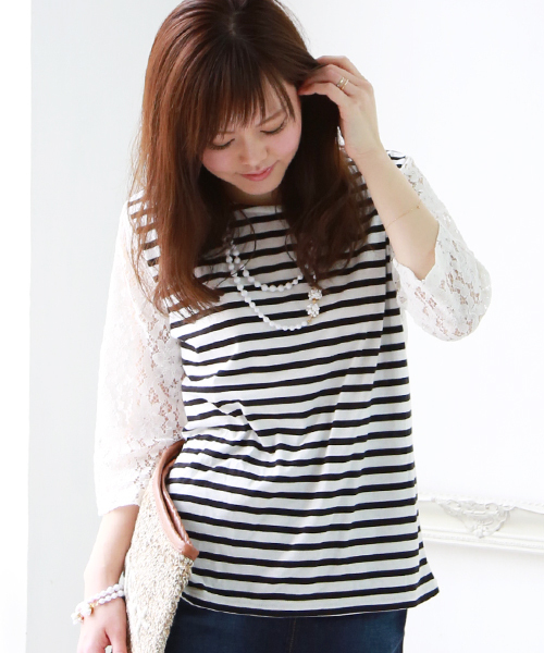 REAL CUBE(リアルキューブ)の「REAL CUBE 前後リバーシブルレーシーボーダーカットソー(Tシャツ/カットソー・レディース・オフホワイト/ブラック/ネイビー・38/40)」の5枚目の写真